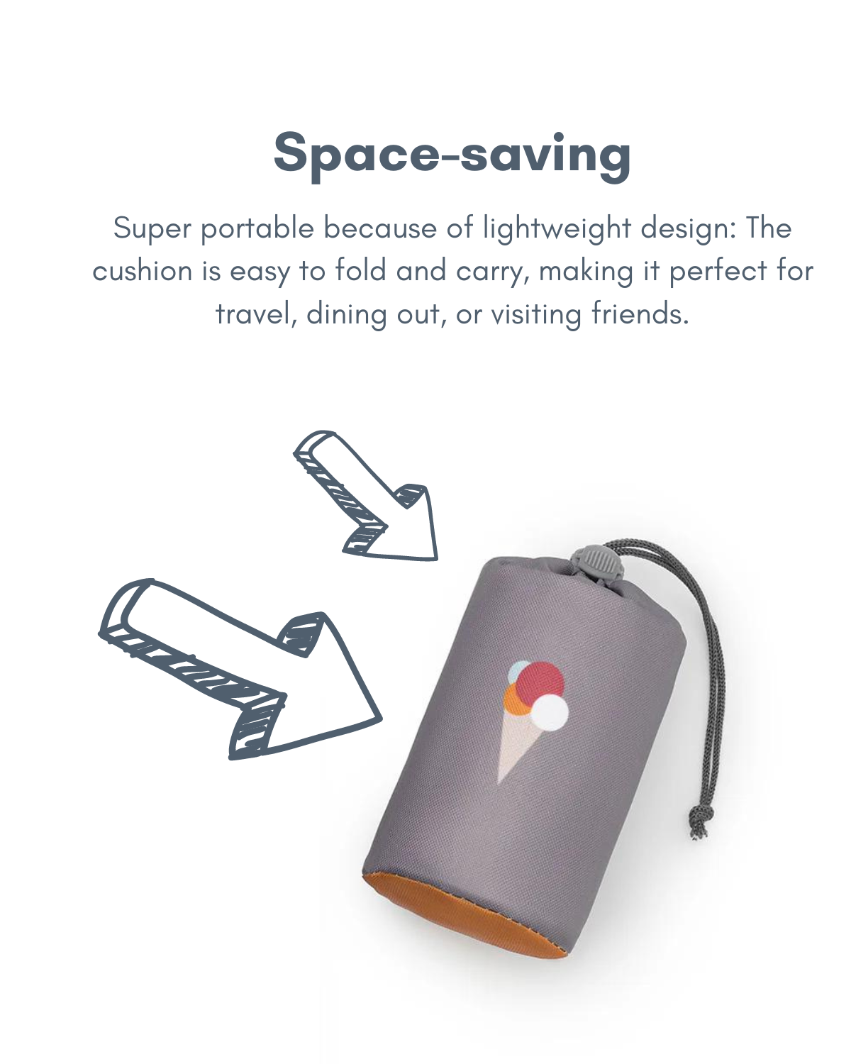 alt="Inflatable child booster seat cushion with carry bag, elastic strap, and anti-slip dots"