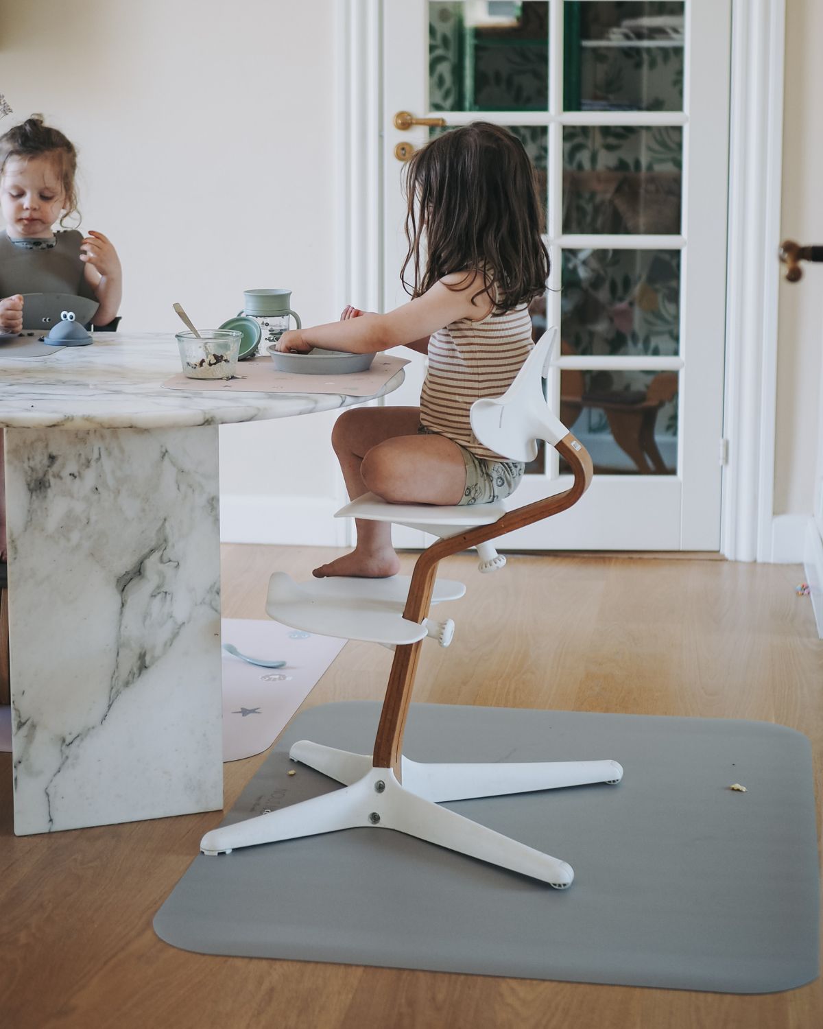Rectangular sage green floor mat for high chairs, made of soft vinyl