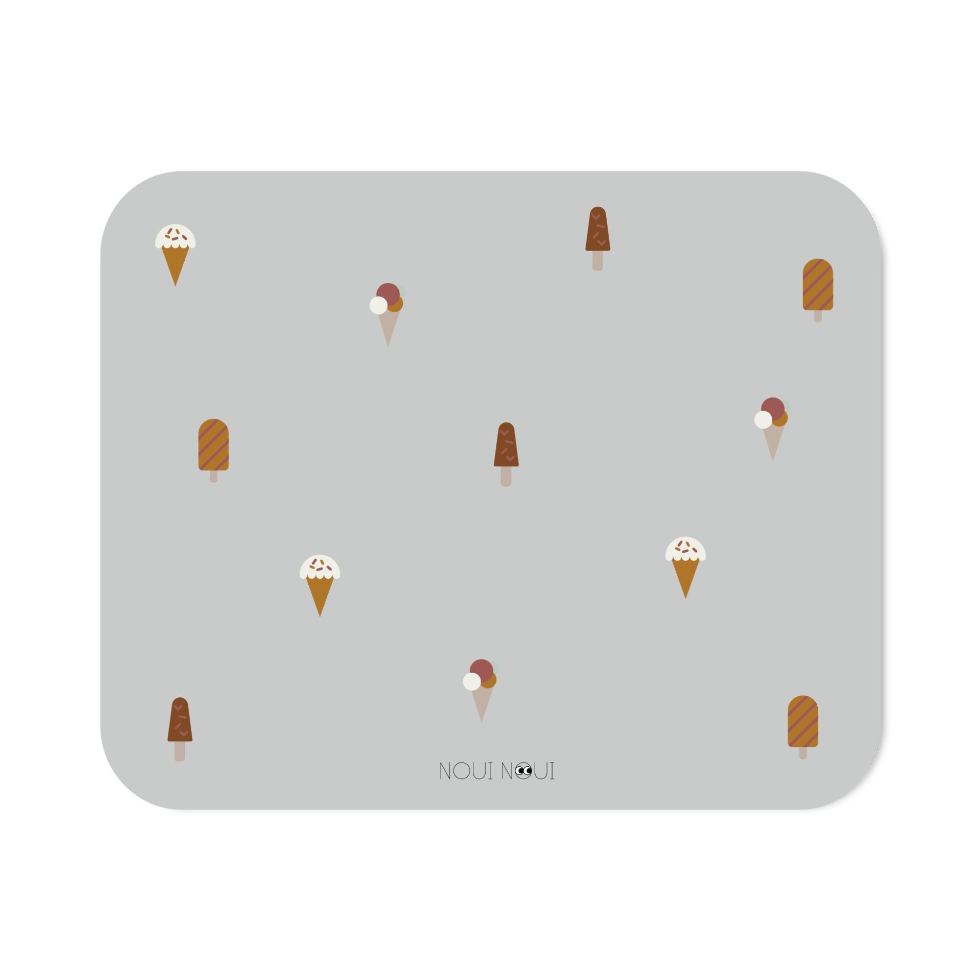 XL placemat in gray powder with a pattern of various ice cream designs.