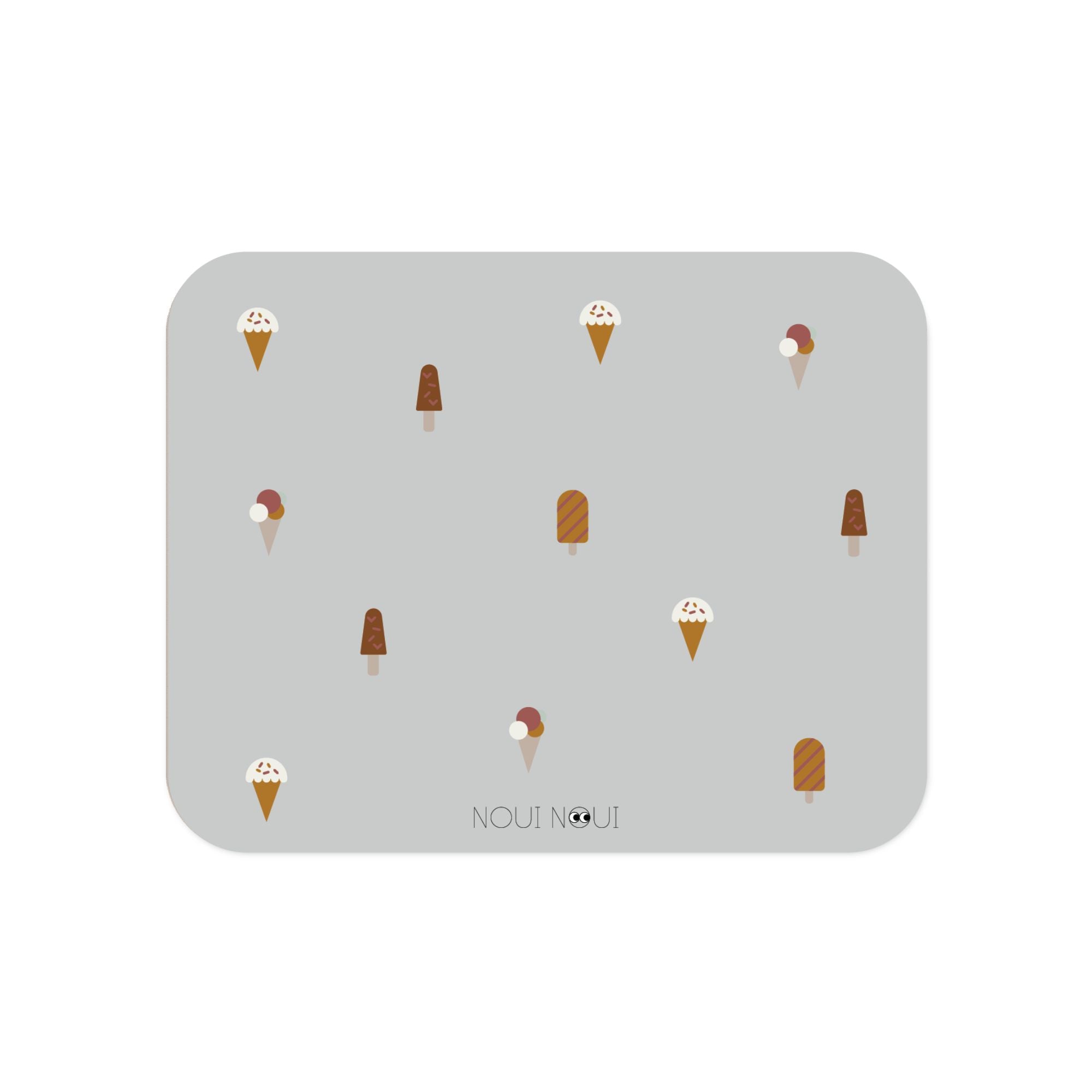 A rectangular grey placemat with a pattern of various ice cream designs across the surface.