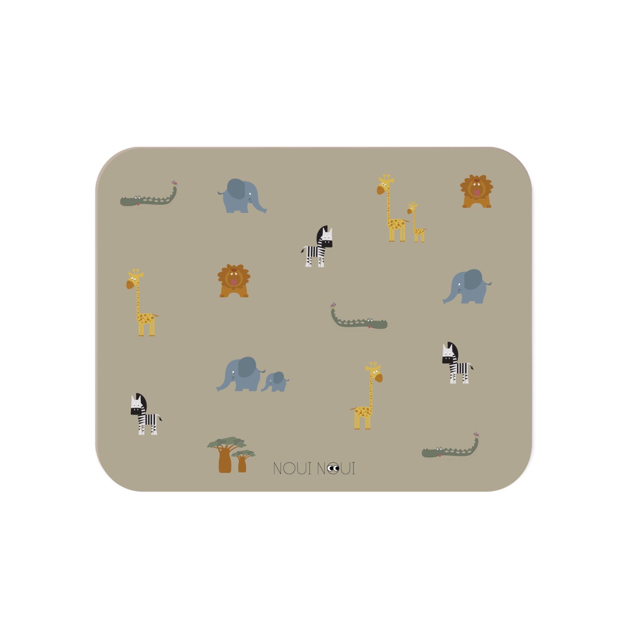 Placemat with various cute safari animals including an elephant, giraffe, and other safari animals.
