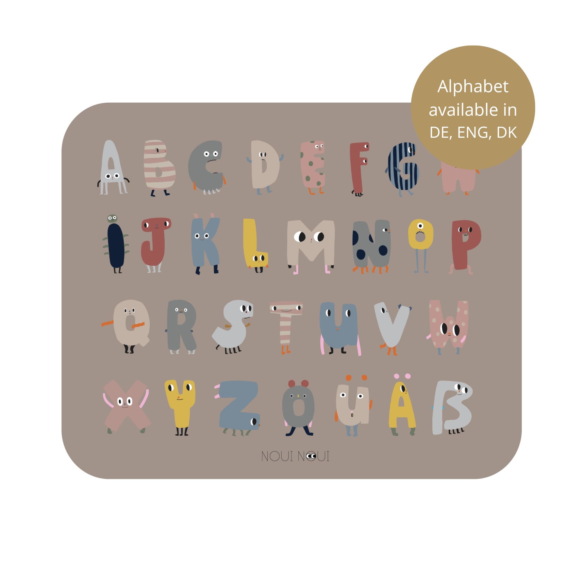 Placemat with the alphabet displayed in a playful design. Also available in Danish and German.