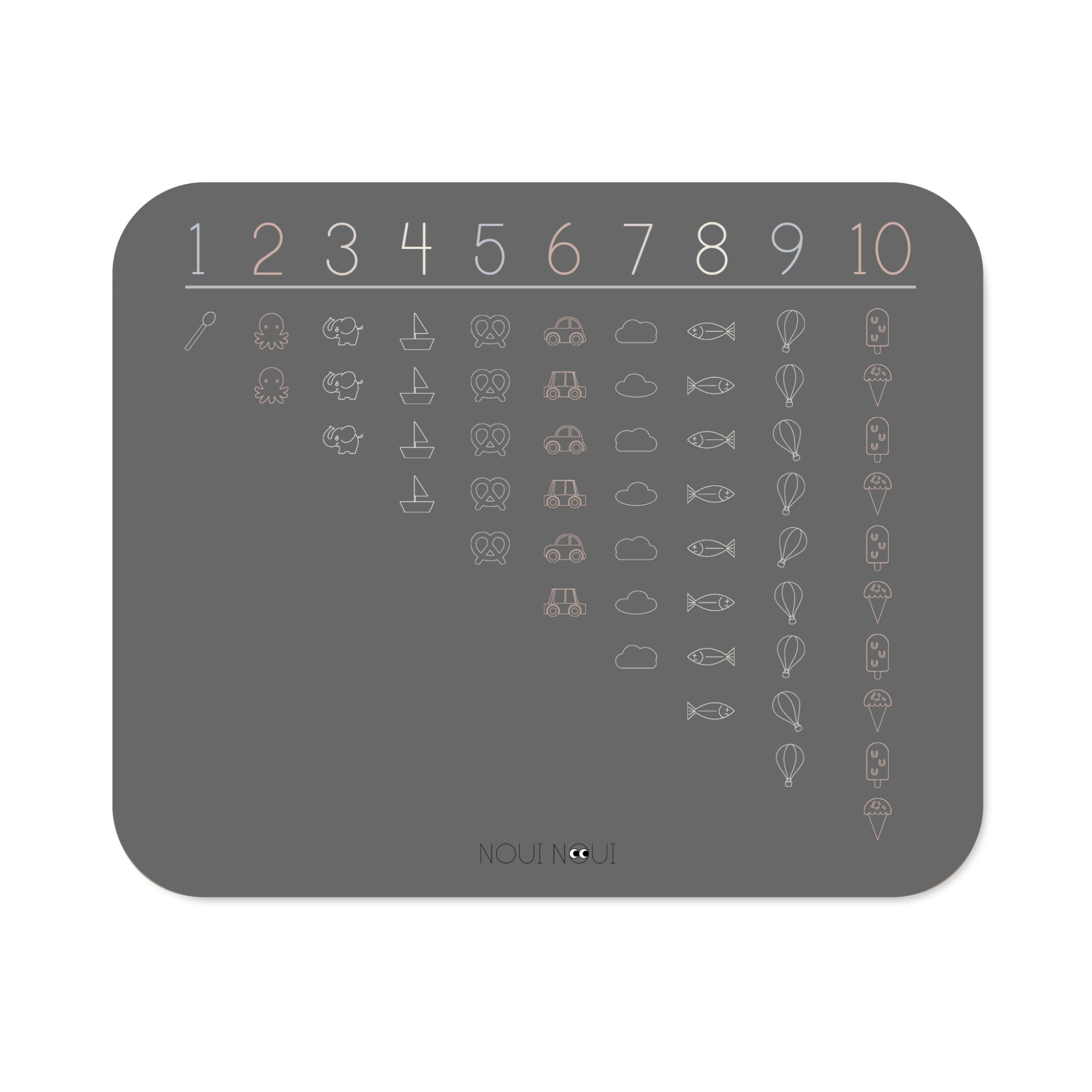XL placemat with numbers and cute icons for learning to count, size 55 x 45 cm, made of high-quality soft vinyl in gray color.