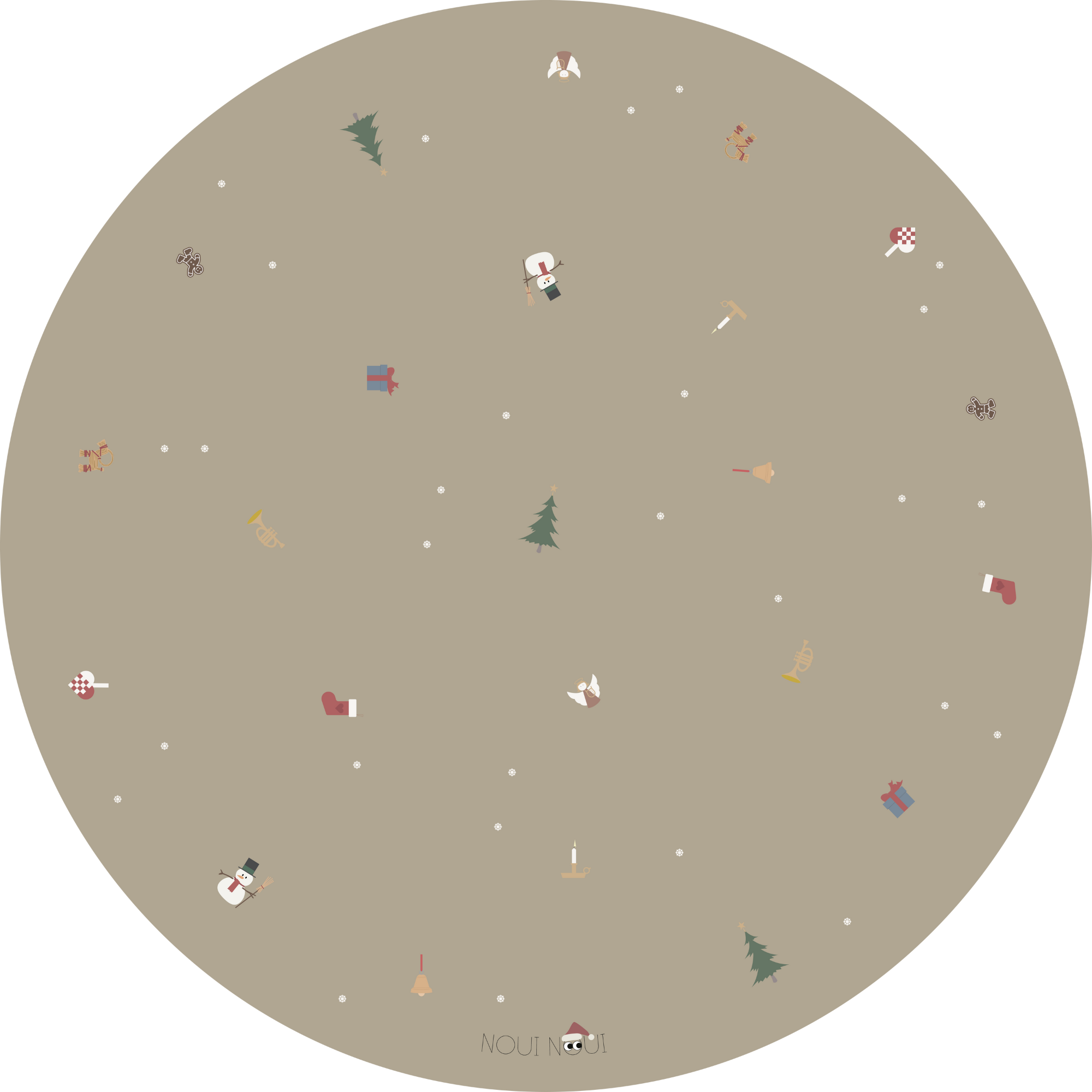 A round vinyl floor mat with a Christmas theme, featuring holiday icons such as snowflakes, a Christmas tree, and angel.