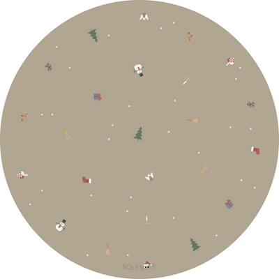 A round vinyl floor mat with a Christmas theme, featuring holiday icons such as snowflakes, a Christmas tree, and angel.