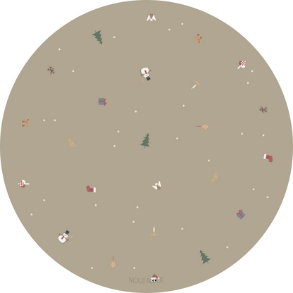 A round vinyl floor mat with a Christmas theme, featuring holiday icons such as snowflakes, a Christmas tree, and angel.