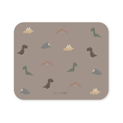 A XL placemat with cute dinosaur pattern on a cocoa background. Perfect for arts and crafts and protection of the table surface.