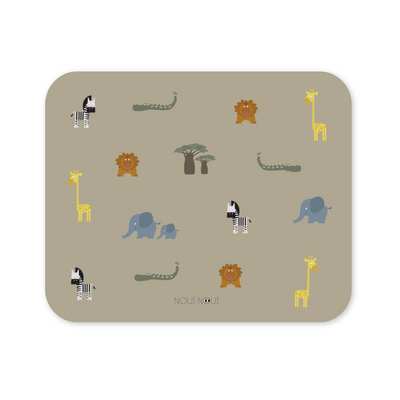 The XL placemat featuring cute safari animal print on a olive haze gray background. 