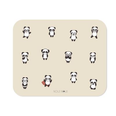 Placemat with a nude background and multiple illustrations of pandas in various moods, such as happiness, sadness and many other moods.