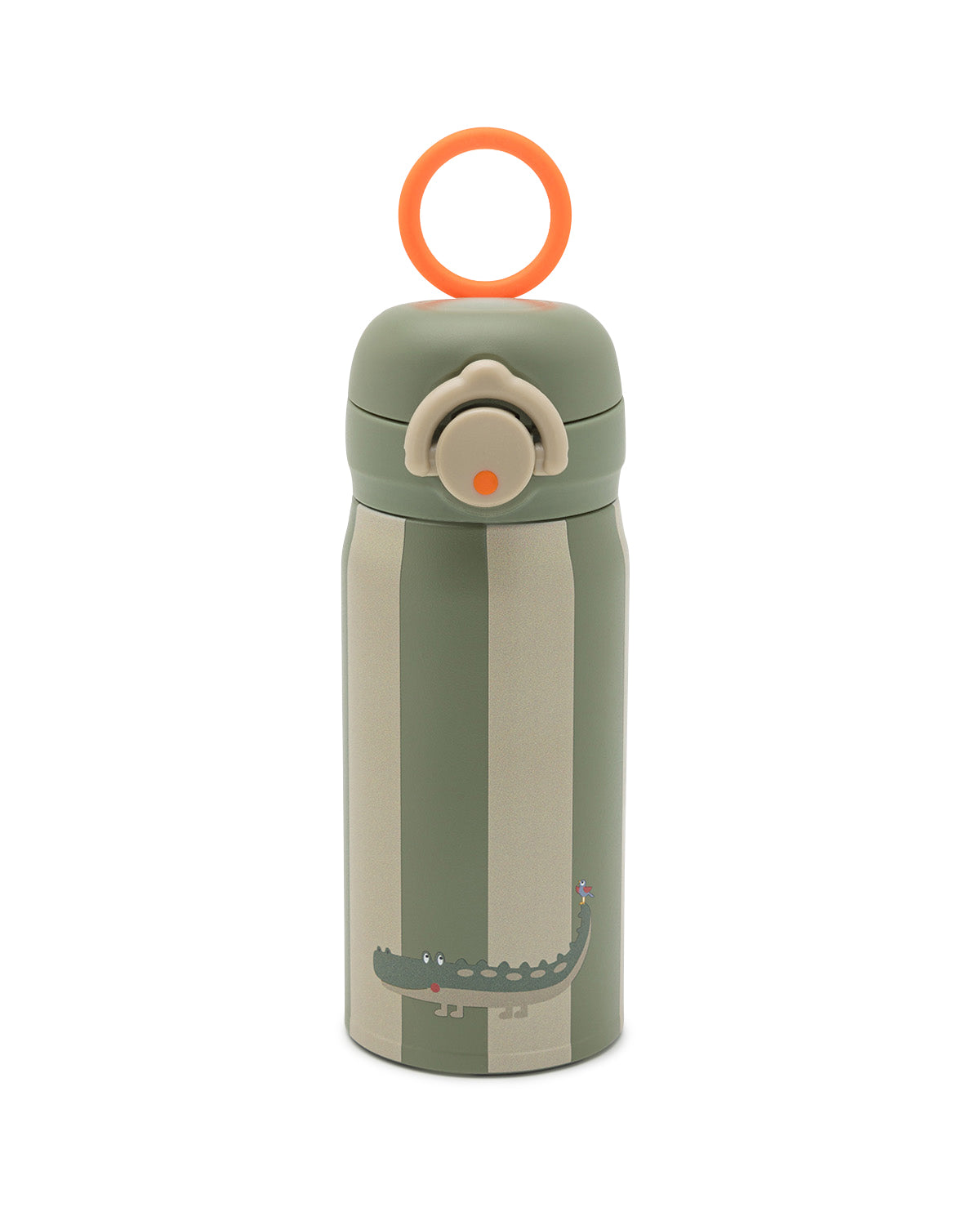 A green toned striped stainless steel water bottle with a cute crocodile design and an orange strap on the lid.