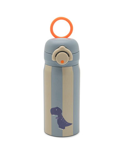 A stainless steel water bottle with a dinosaur design. Stylish blue tones with stripes, with an orange strap in the lid.