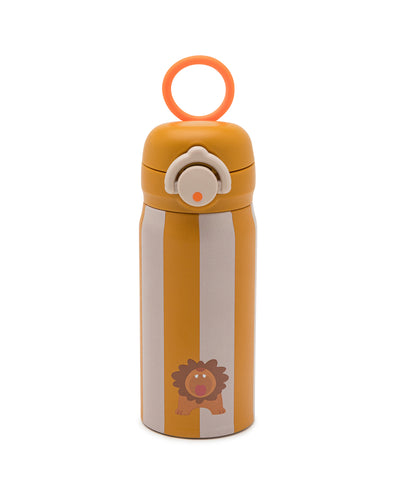A stainless steel water bottle with orange and beige stripes and a cute roaring lion. It has a orange handle strap.
