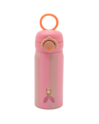 A rose toned stainless steel water bottle with a princess design, with an orange carrying strap.