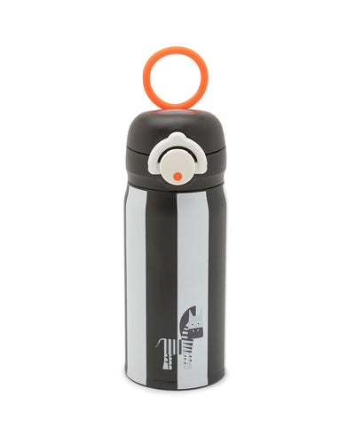 A stainless steel water bottle with a cute zebra. Stylish black and white color scheme with an orange strap on the lid.