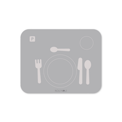 A grey powder learning placemat with illustrations of a plate, fork, knife, and spoon on it. Perfect helper when the child wants to help setting the table.