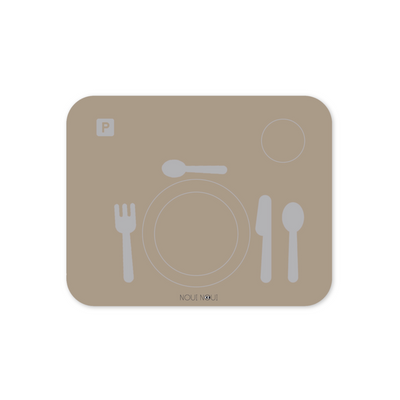 A learning placemat in olive haze gray with illustrations of a plate, fork, knife, and spoon on it. Perfect helper when the child wants to help setting the table.