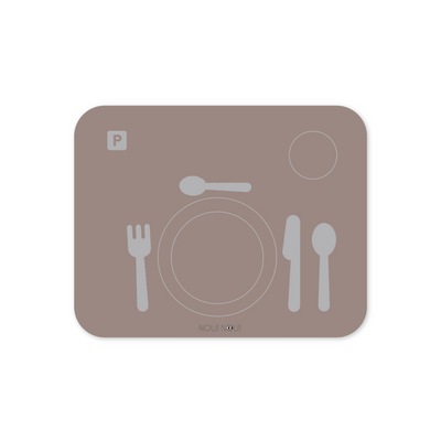A cocoa brown learning placemat with illustrations of a plate, fork, knife, and spoon on it. Perfect helper when the child wants to help setting the table.