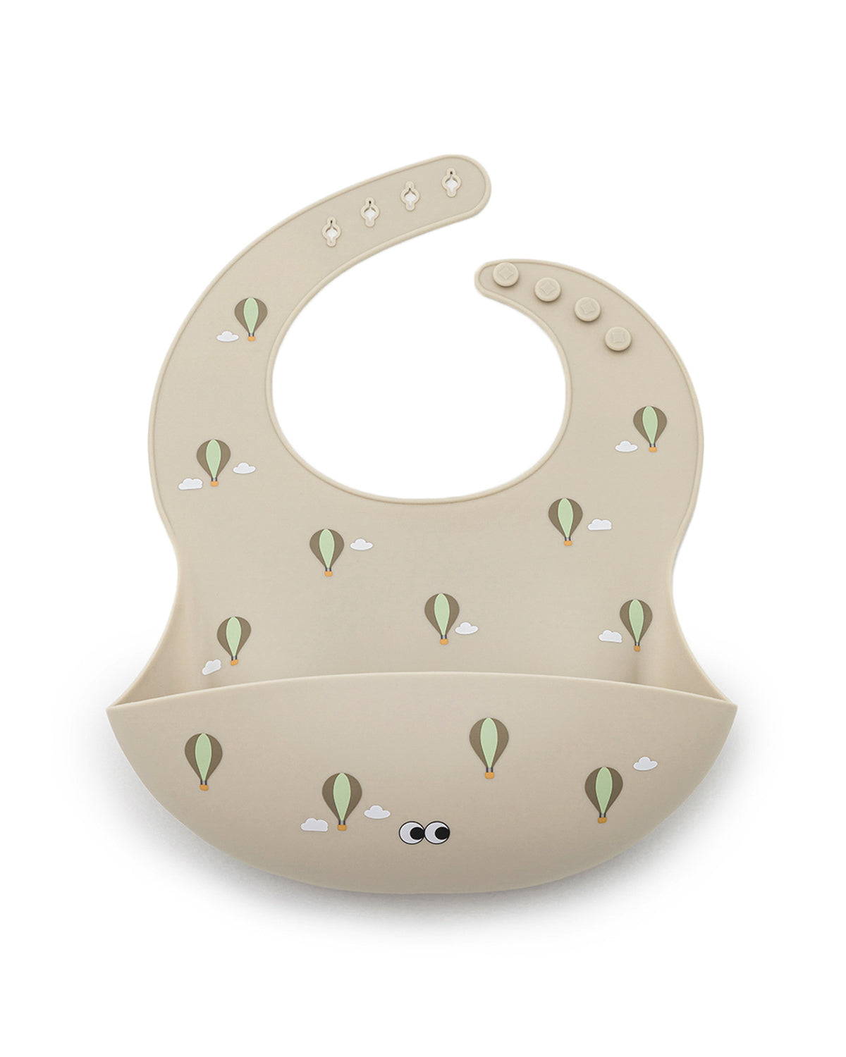 A nude silicone bib with small cute hot air balloon pattern and an adjustable neck strap.