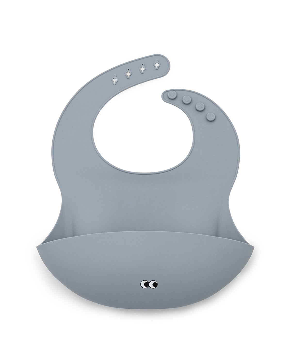 A dusty blue silicone bib with adjustable neck straps and a large cup in the front that can catch food and fluids.