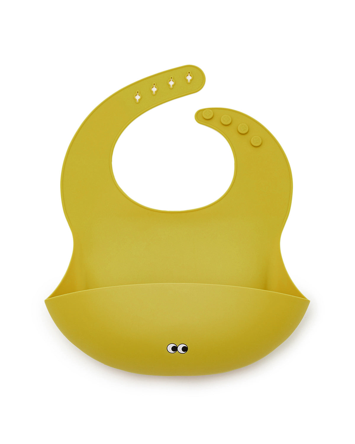 A dusty lemon silicone bib with an extra big cup and adjustable fitting.
