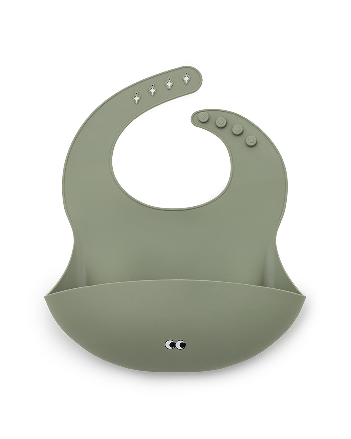 A dusty olive silicone bib with adjustable straps and a pocket in the front. 