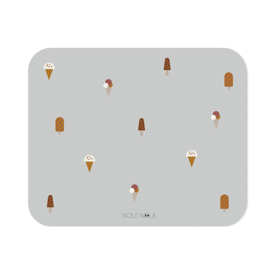 XL placemat in gray  powder with a pattern of various ice cream designs.