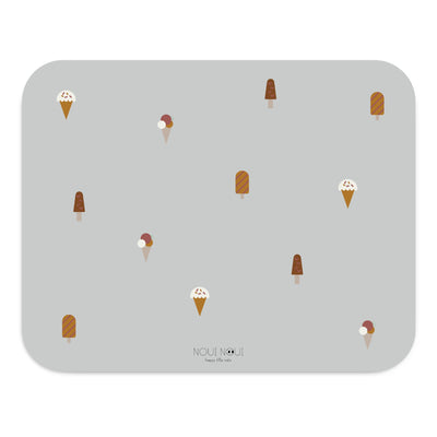 Rectangular grey floor mat with a pattern of ice creams. Protects floors from spills and stains – perfect under high chairs, kids' furniture, or for crafts. Durable 120x95 cm soft vinyl mat for wood, tile and rugs.