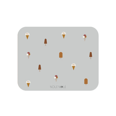 A rectangular grey placemat with a pattern of various ice cream designs across the surface.