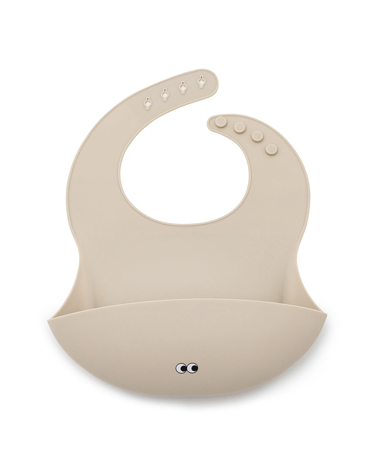 A nude silicone bib with adjustable straps and an extra cup to catch food and fluids. 