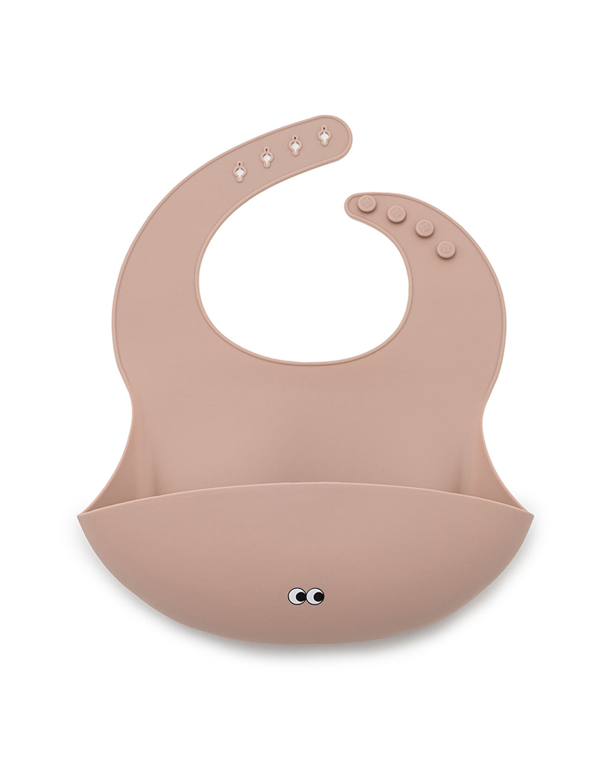A silicone bib in old rose color with an adjustable neck strap and a extra large cup  to catch food and fluids.
