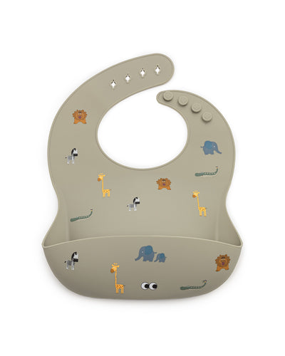 A soft silicone bib in olive haze gray color with various small animal illustrations and an adjustable neck strap.