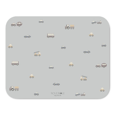 A rectangular grey powder high chair floor mat with a pattern of little wheels and vehicles in stylish grey tones.