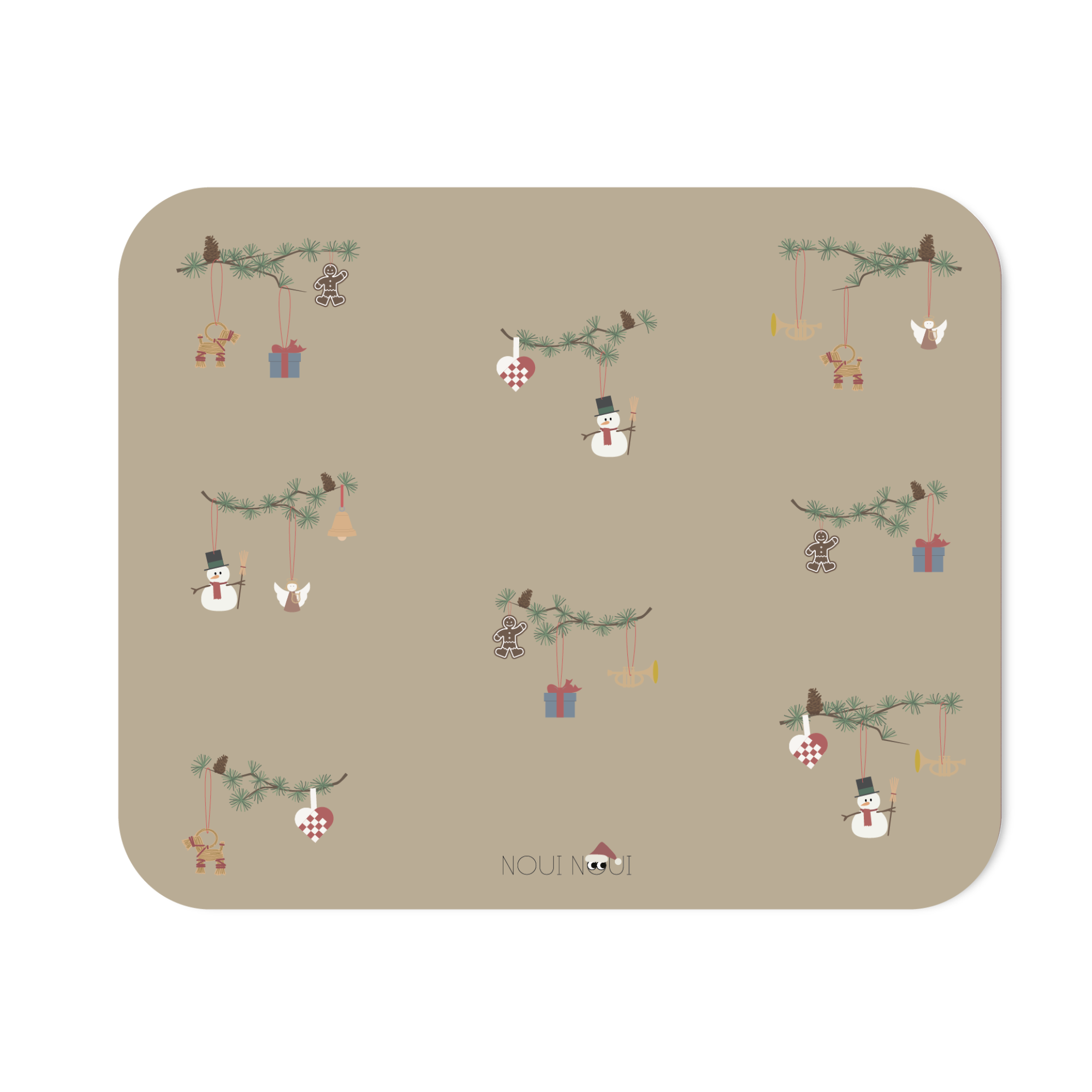 XL placemats with cute Christmas ornaments such as snowman, heart. angel and more on fir branch. 
