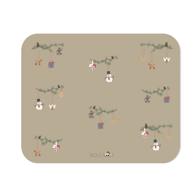 XL placemats with cute Christmas ornaments such as snowman, heart. angel and more on fir branch. 