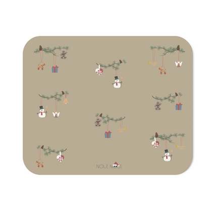 XL placemats with cute Christmas ornaments such as snowman, heart. angel and more on fir branch. 