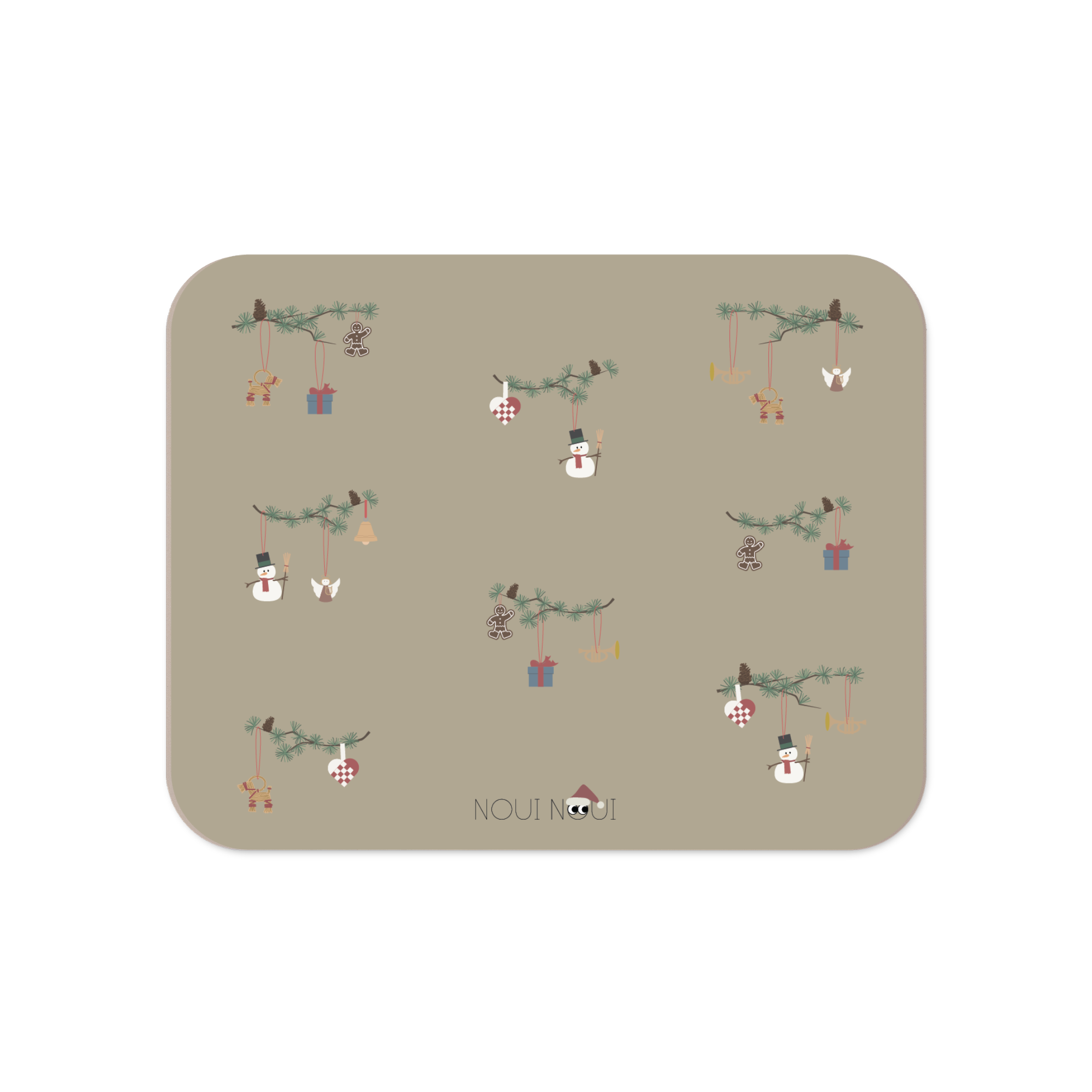 A olive haze gray placemat with Christmas-themed decorations including snowmen, hearts, angel on fir branch.