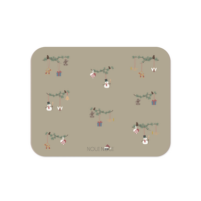 A olive haze gray placemat with Christmas-themed decorations including snowmen, hearts, angel on fir branch.
