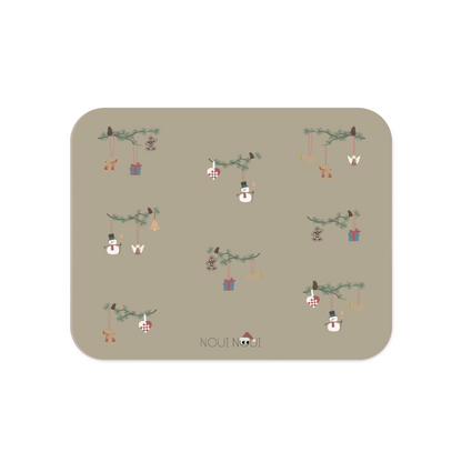 A olive haze gray placemat with Christmas-themed decorations including snowmen, hearts, angel on fir branch.