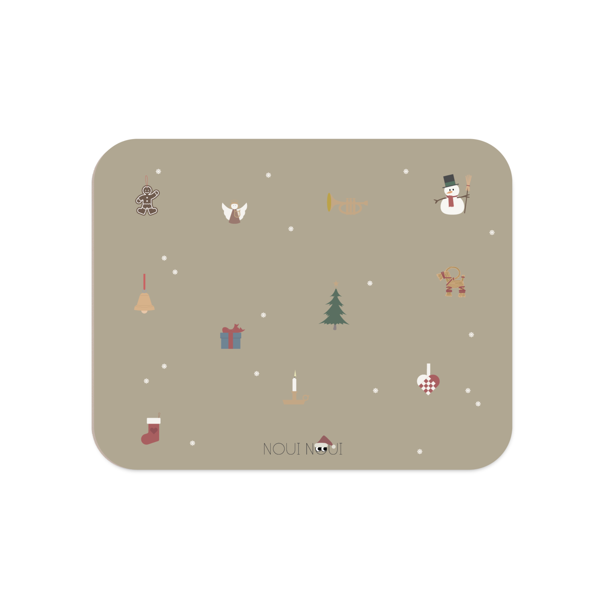 A placemat with a winter-themed design featuring snowflakes, Santa Claus, and Christmas-related icons on a olive haze gray background.