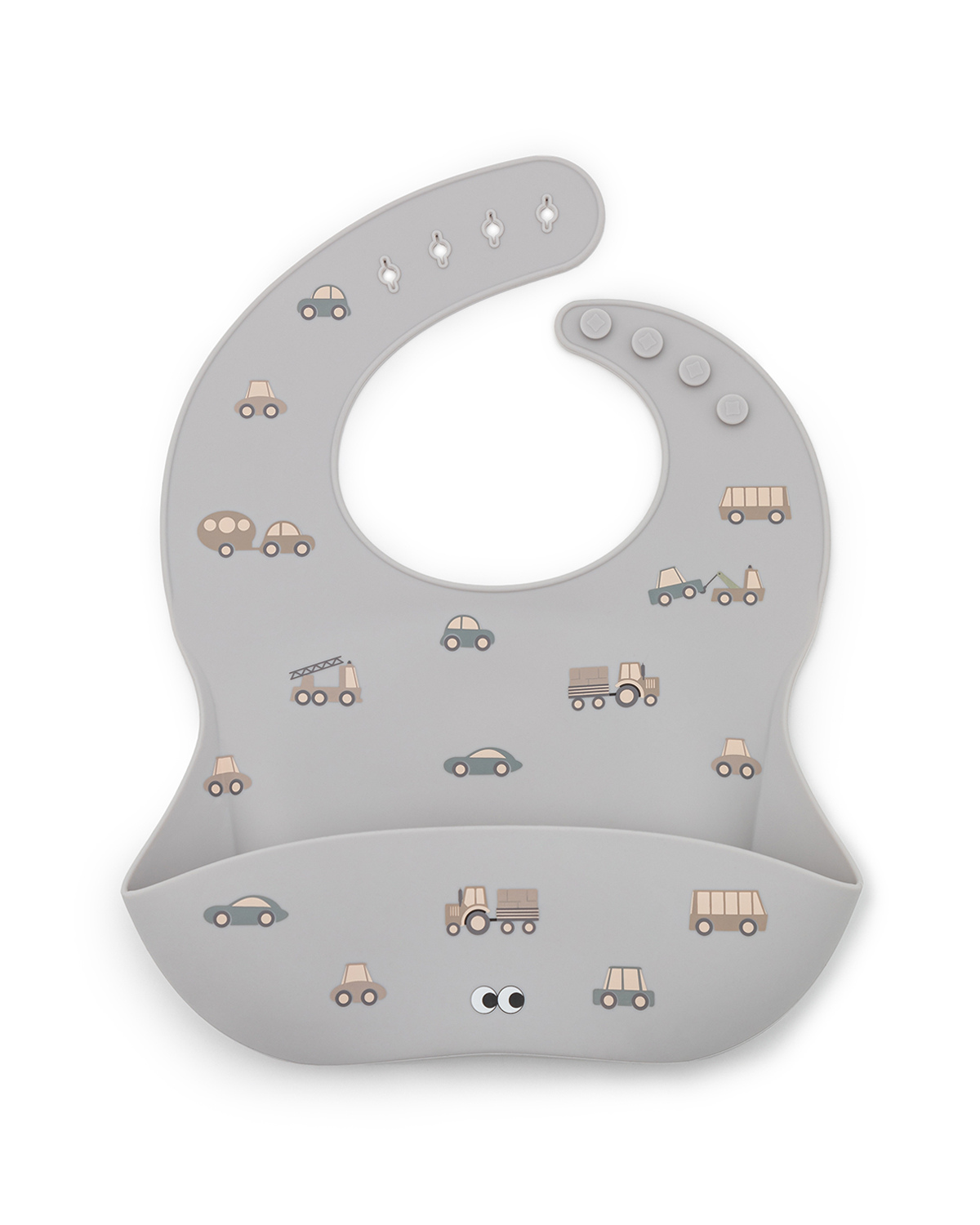 A gray silicone bib with a pattern of small cute cars and trucks. Adjustable strap in the neck and an extra large cup to catch food an fluids.