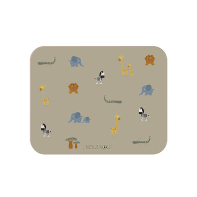 Placemat with various cute safari animals including an elephant, giraffe, and other safari animals.