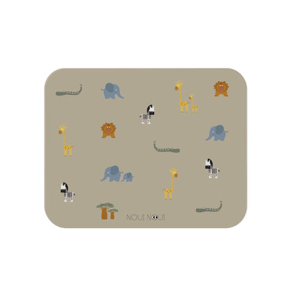 Placemat with various cute safari animals including an elephant, giraffe, and other safari animals.