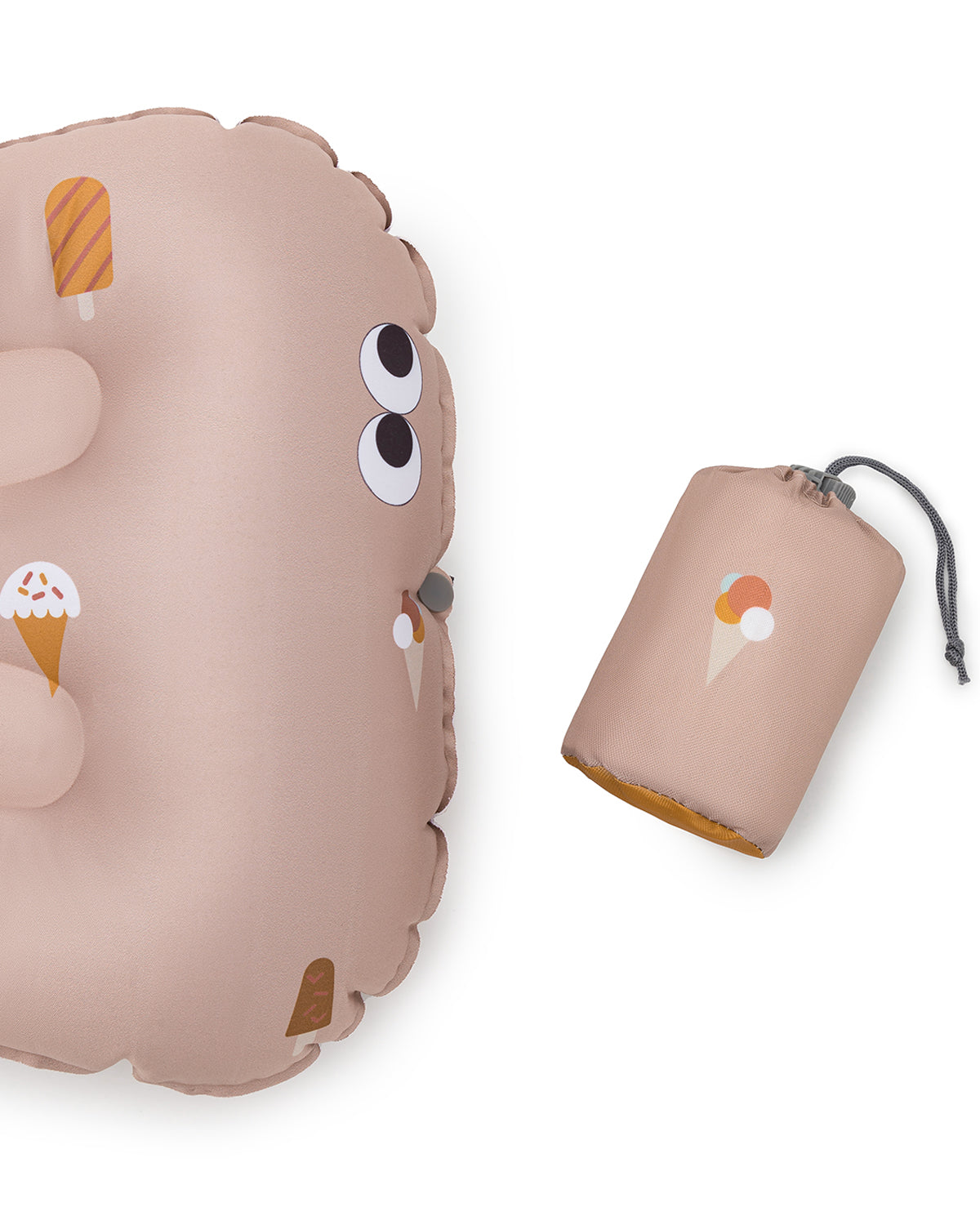 alt="Inflatable child booster seat cushion with carry bag, elastic strap, and anti-slip dots"