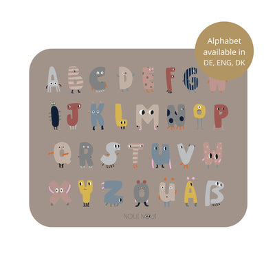 Placemat with the alphabet displayed in a playful design. Also available in Danish and German.