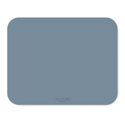 A dusty blue high chair floor mat. A rectangular high chair floor mat to protect all kind of floors from spills. Put it under the high chair. 