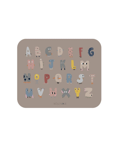 Placemat with the alphabet displayed in a playful design. Available in English, Danish and German.