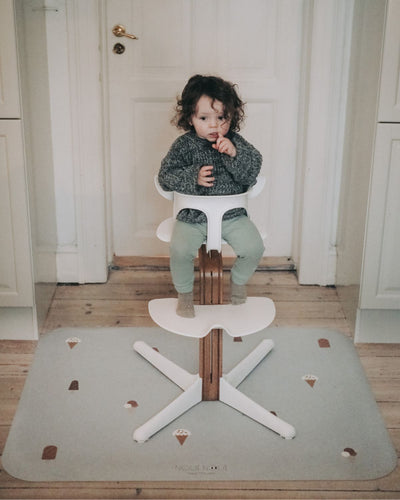 Rectangular grey floor mat with a pattern of ice creams. Protects floors from spills and stains – perfect under high chairs, kids' furniture, or for crafts. Durable 120x95 cm soft vinyl mat for wood, tile and rugs.