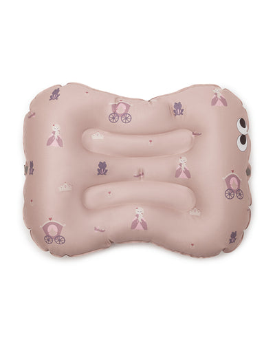 Inflatable child booster seat cushion with a pattern of princess and carriage. Held in rose tone in tone colors.