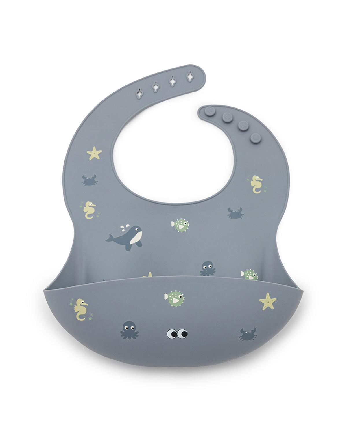 A silicone bib with cute sea animals in stylish blue tones.
