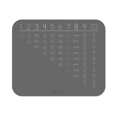 XL placemat with numbers and cute icons for learning to count, size 55 x 45 cm, made of high-quality soft vinyl in gray color.